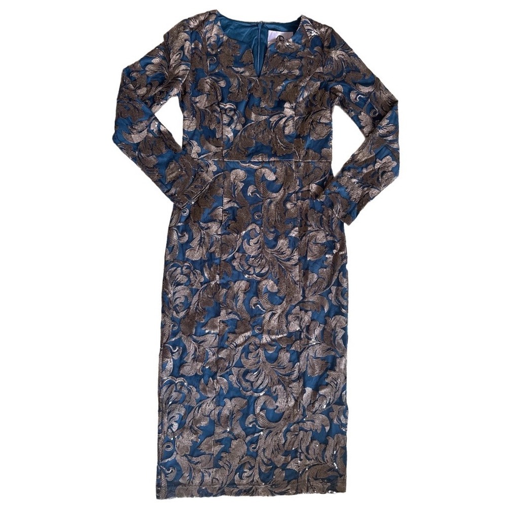 NWT JS Collections Metallic Brocade Sequin Dress Size 8 Teal Blue Gold Cocktail - Picture 4 of 9